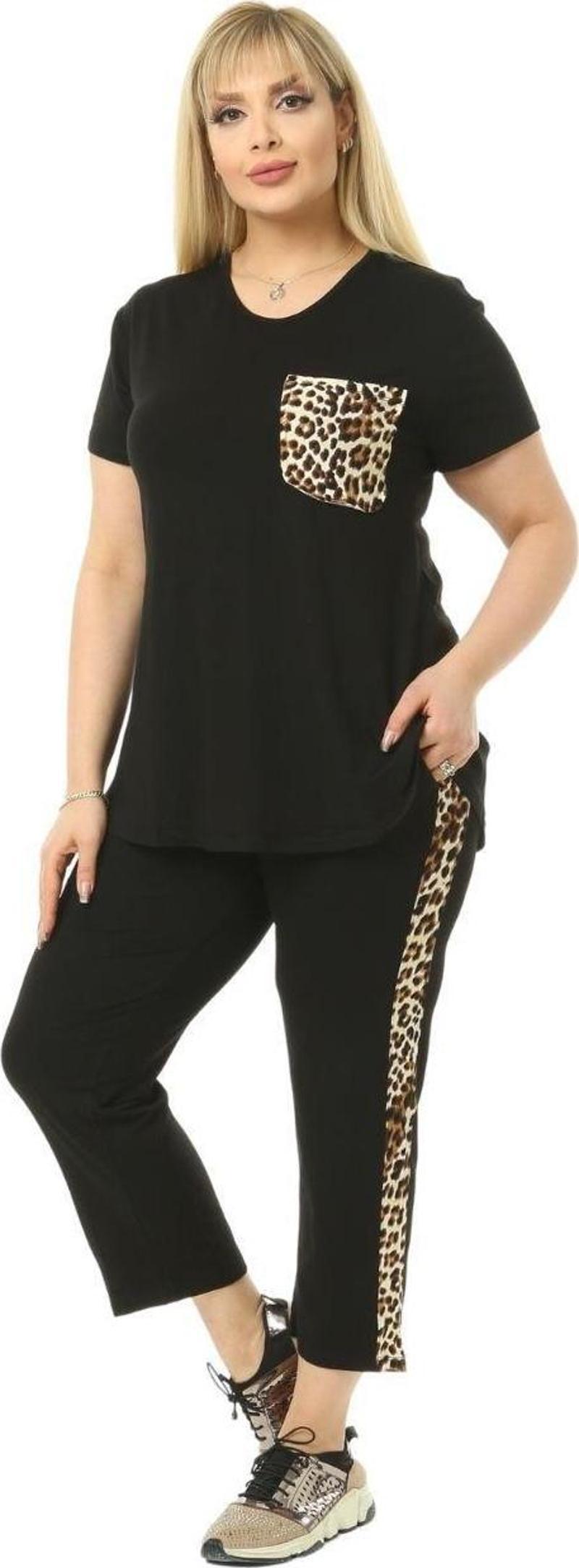 Butik Siyah Leopar Cep Büyük Beden Kadın Kapri Takımı