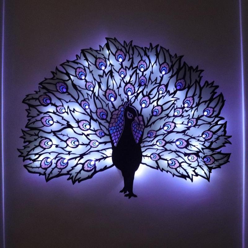 Epoksili Tavus Kuşu Figürlü Tablo Duvar Dekorlu Gece Lambası 60x80 cm