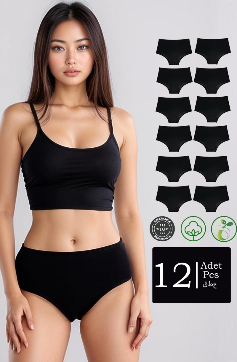 Yüksek Bel Pamuklu 12'Li Paket Bato Külot Siyah