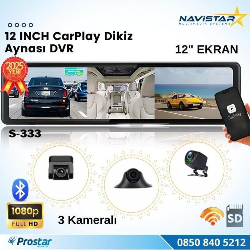 12 inç Kablosuz Carplay 3 Kameralı Dikiz Ayna Wifi, Bluetooth, Fm Transmitter, Sd, Park Modu 1080P