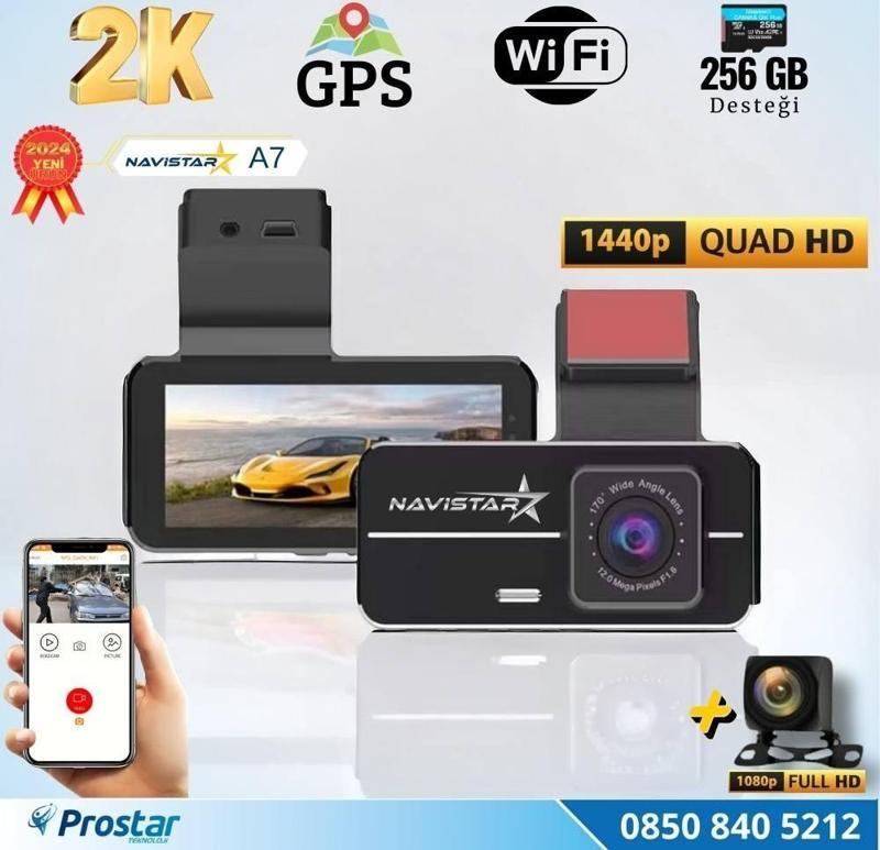 A7 Wifi + GPS 2K Çift Kameralı 170° Geniş Açı Lens Gece Görüşlü Akıllı Araç içi Kamera + 1080P Arka Kamera