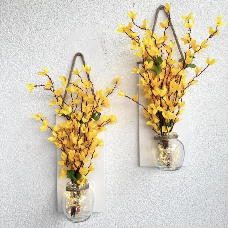 Led Işıklı, Sarı Sakura Çiçekli Duvar Dekoru Beyaz İkili Set