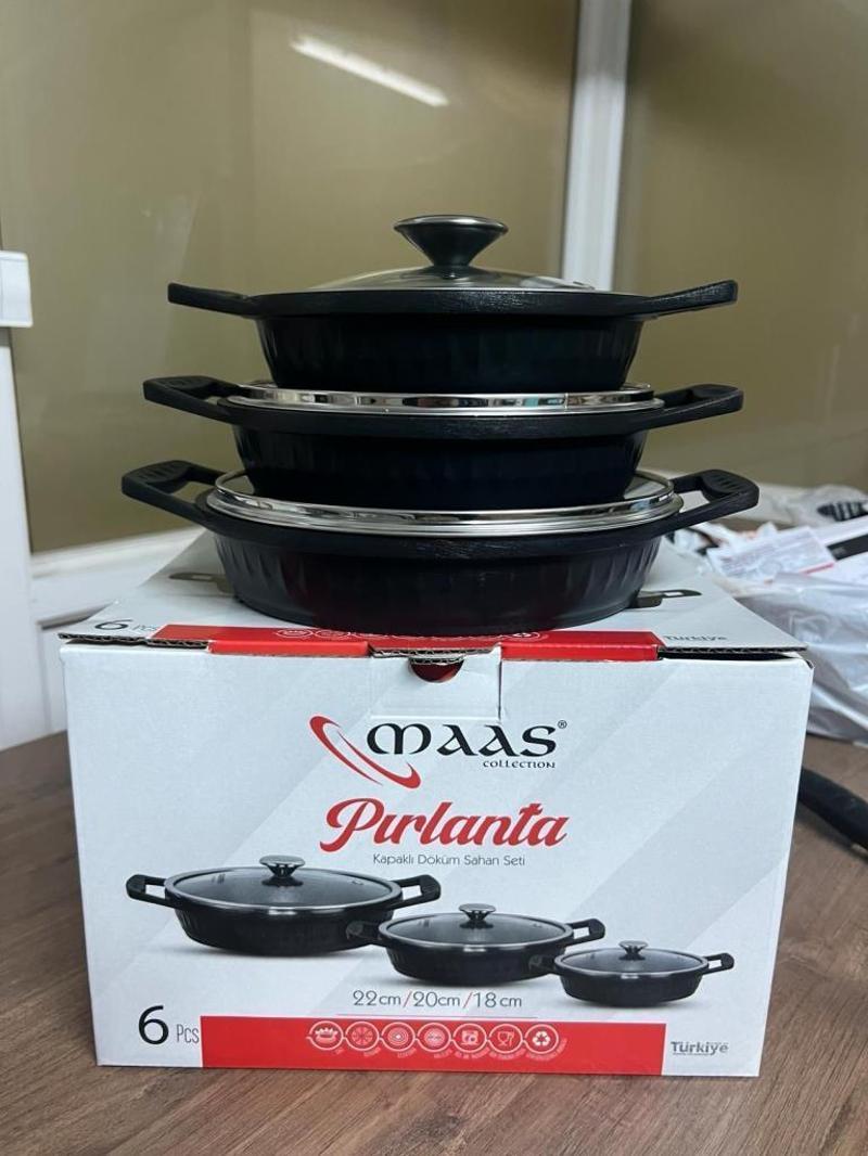 Pırlanta 6 Parça Kapaklı Döküm Granit Sahan Seti 18-20-22 cm Siyah