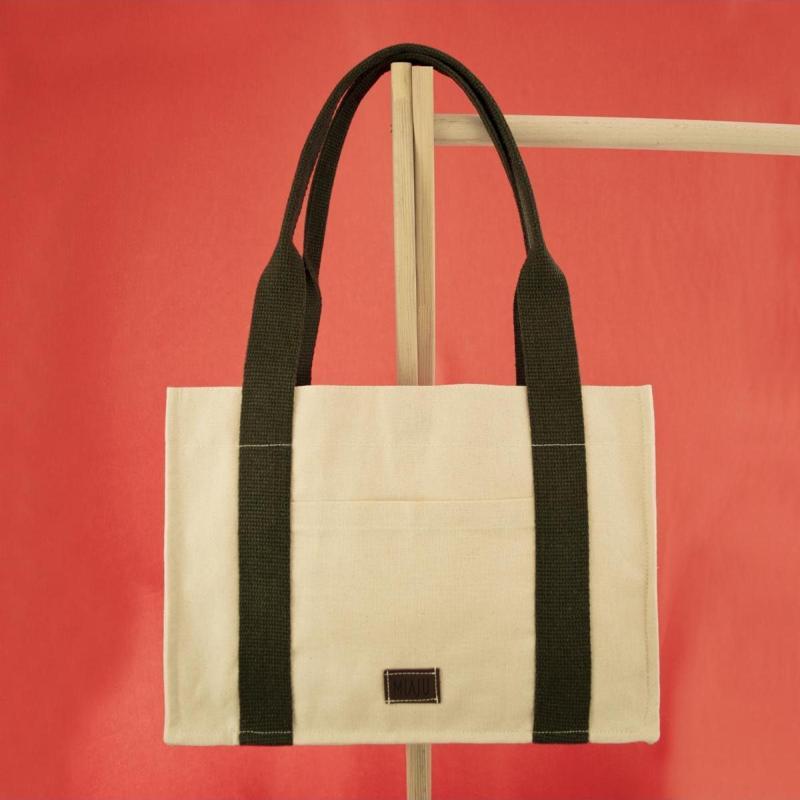 Krem&Yeşil Tote Bag, Ön Ve İç Cep Detaylı, 25X35 Cm, Kadın Günlük Kol Ve Omuz Çantası