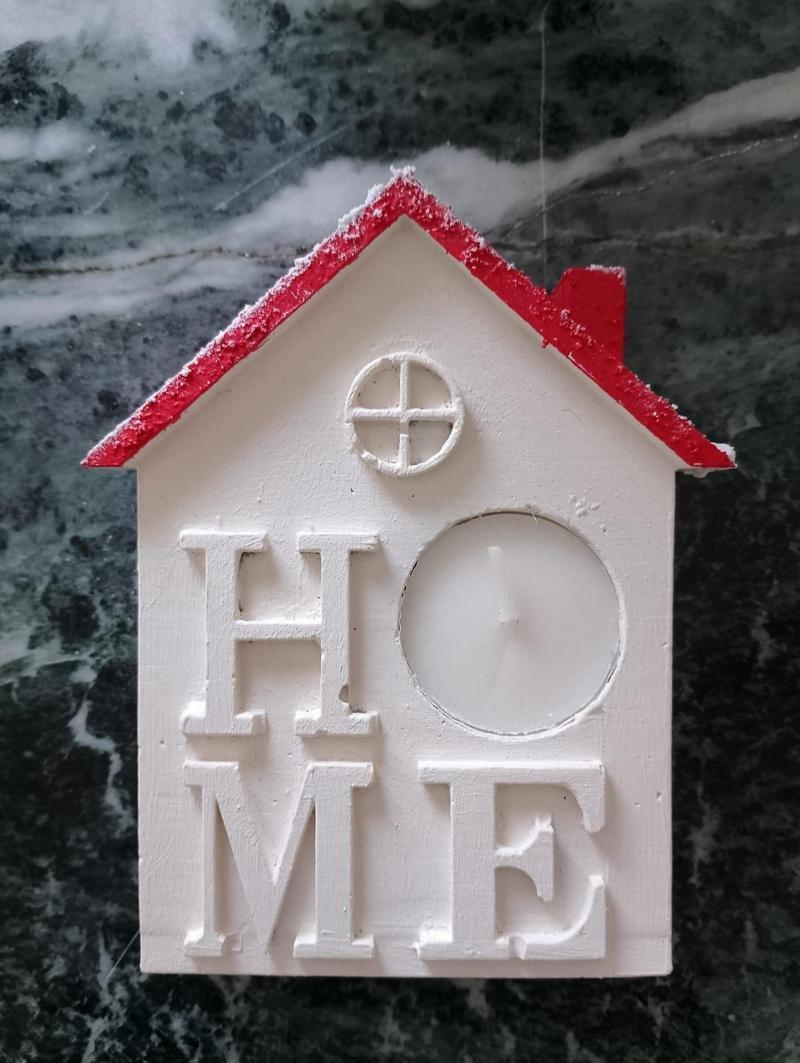 %100 Beton - Kar Görünümlü - Yatay Ev Tealight Mumluk (Home Yazılı)