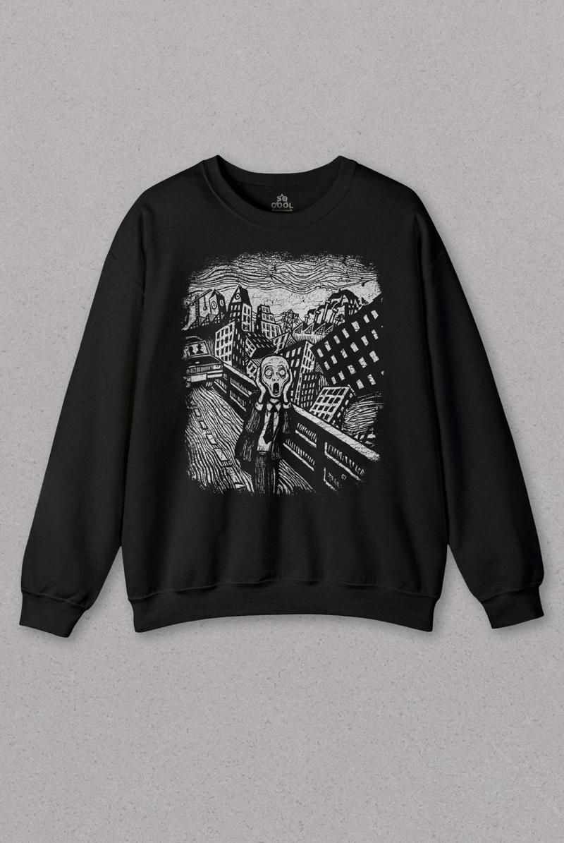 Unisex Sweatshirt Scream Edward Munch Tablo Korku Ressam Siyah Baskılı Sweat