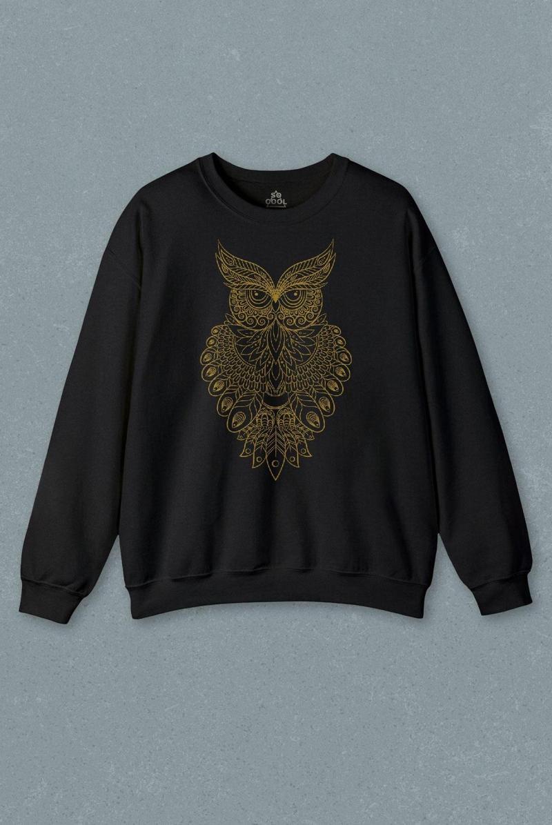 Owl Baykuş Silüeti.Calligraphy Çizim Baskılı Sweatshirt