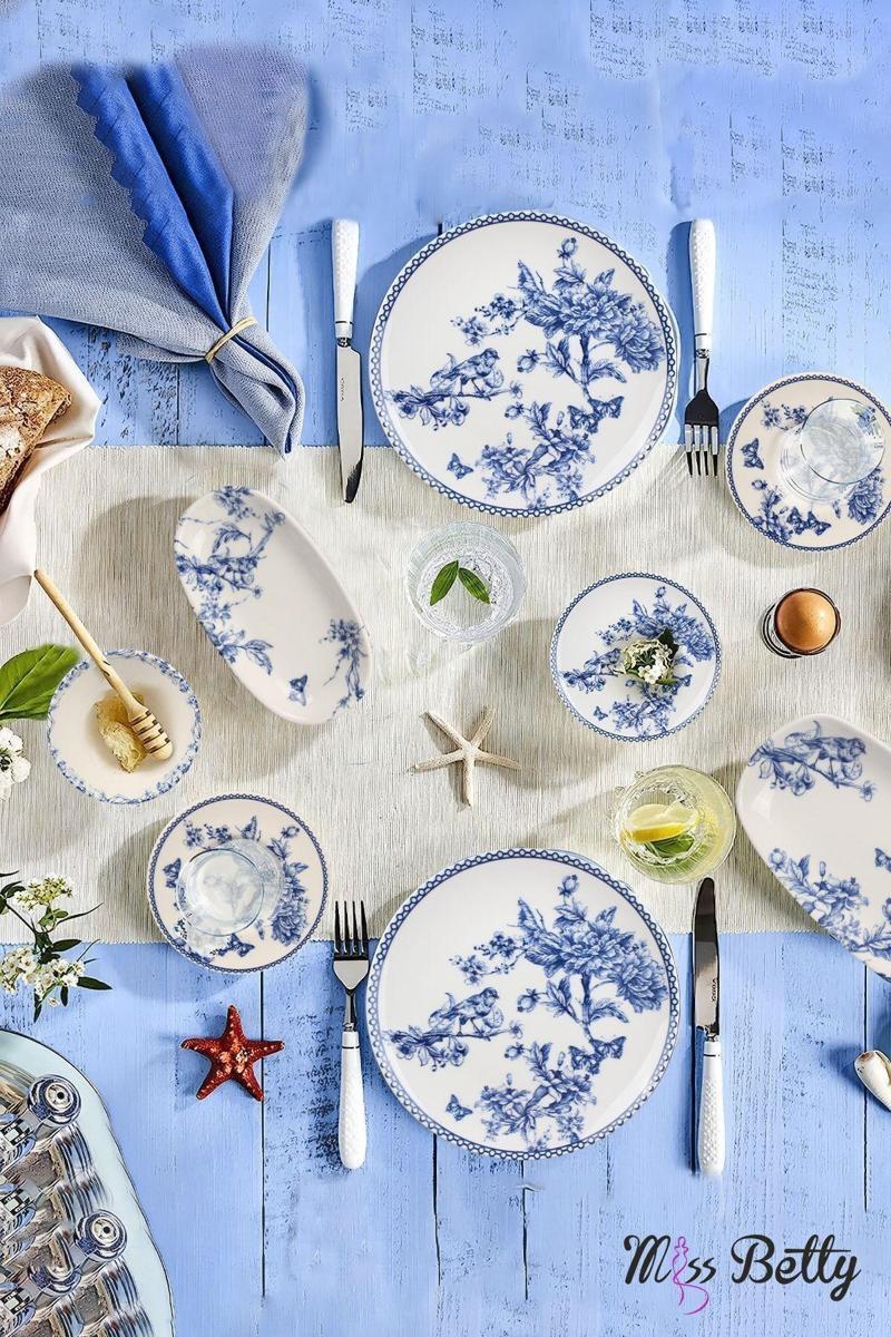 22 Parça 6 Kişilik Blue Life Kahvaltı Takımı Porselen New