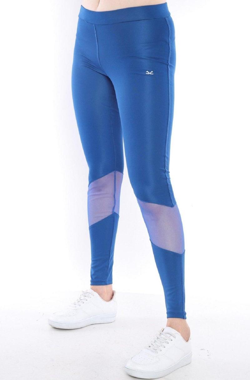 Saks Mavi Kadın Polyester Normal Bel Diz Altı Transparan Detay Spor Tayt 0351