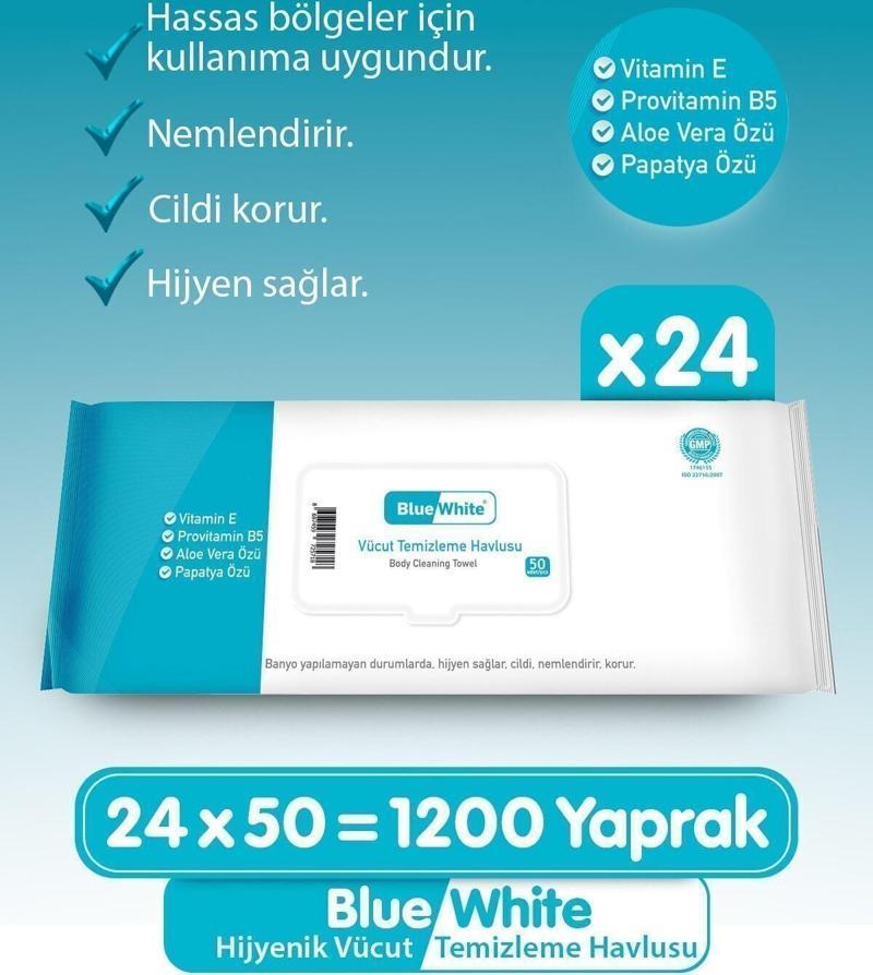 Blue White Yetişkin Hasta Vücut Temizleme Mendil-Havlusu (24 Lü Set) 50 Yaprak Hijyenik