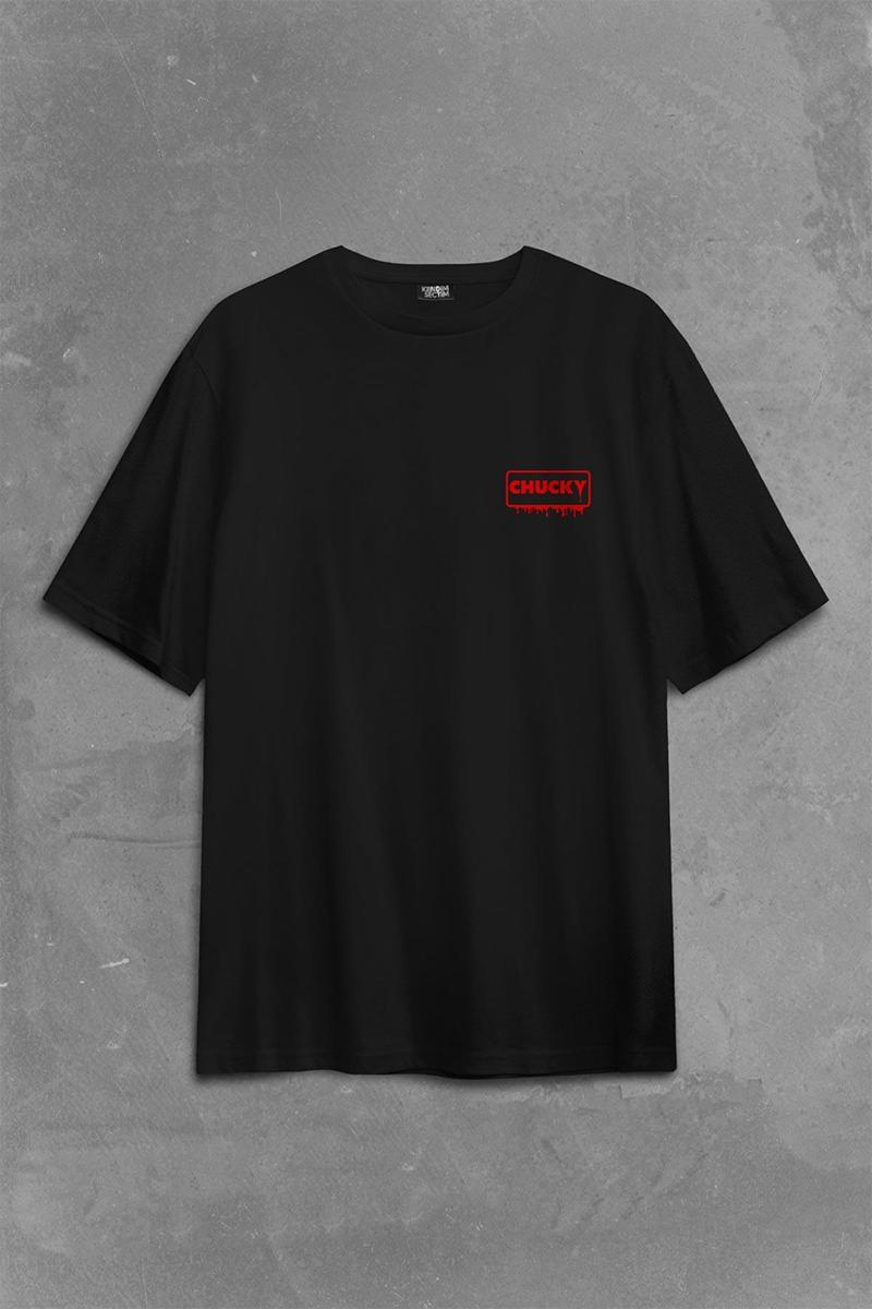 Chucky Charles Lee Ray Oyuncak Bebek Bıçak Sırt Ön Baskılı Oversize Tişört Unisex T-Shirt