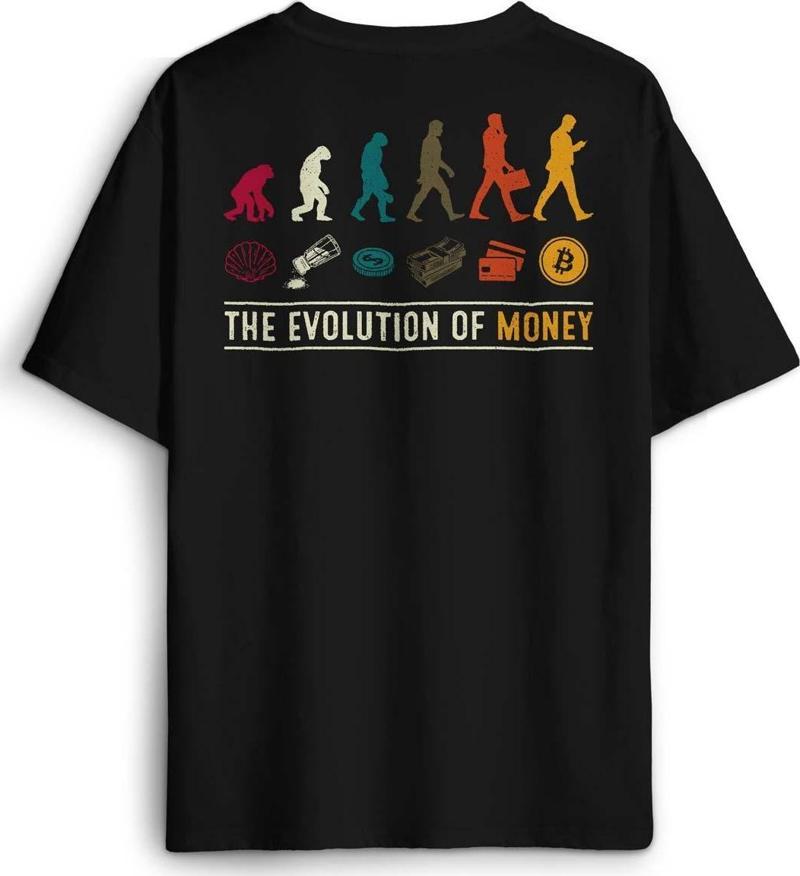 The Evolution Of Money Bitcoin Be Rich Baskılı Oversize T-shirt Siyah Unisex Tişört