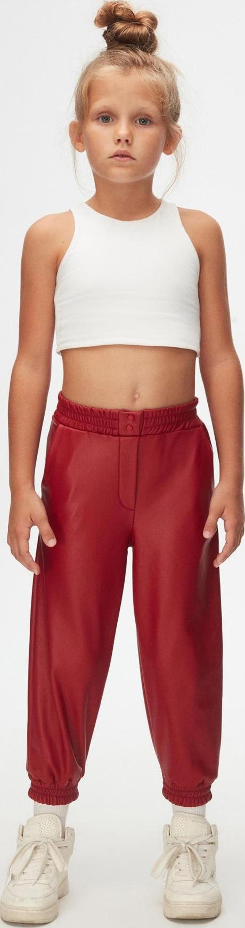 Kırmızı Kız Çocuk Çıtçıtlı Paça Büzgüllü Kışlık Deri Pantolon