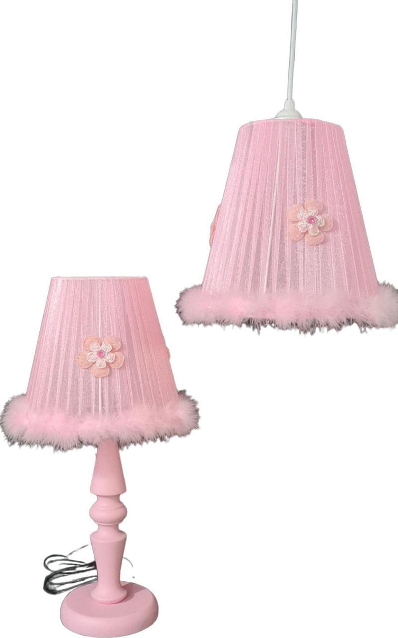 Pembe Ahşap Ayaklı Kız Çocuk Bebek Odası Avize Abajur Seti
