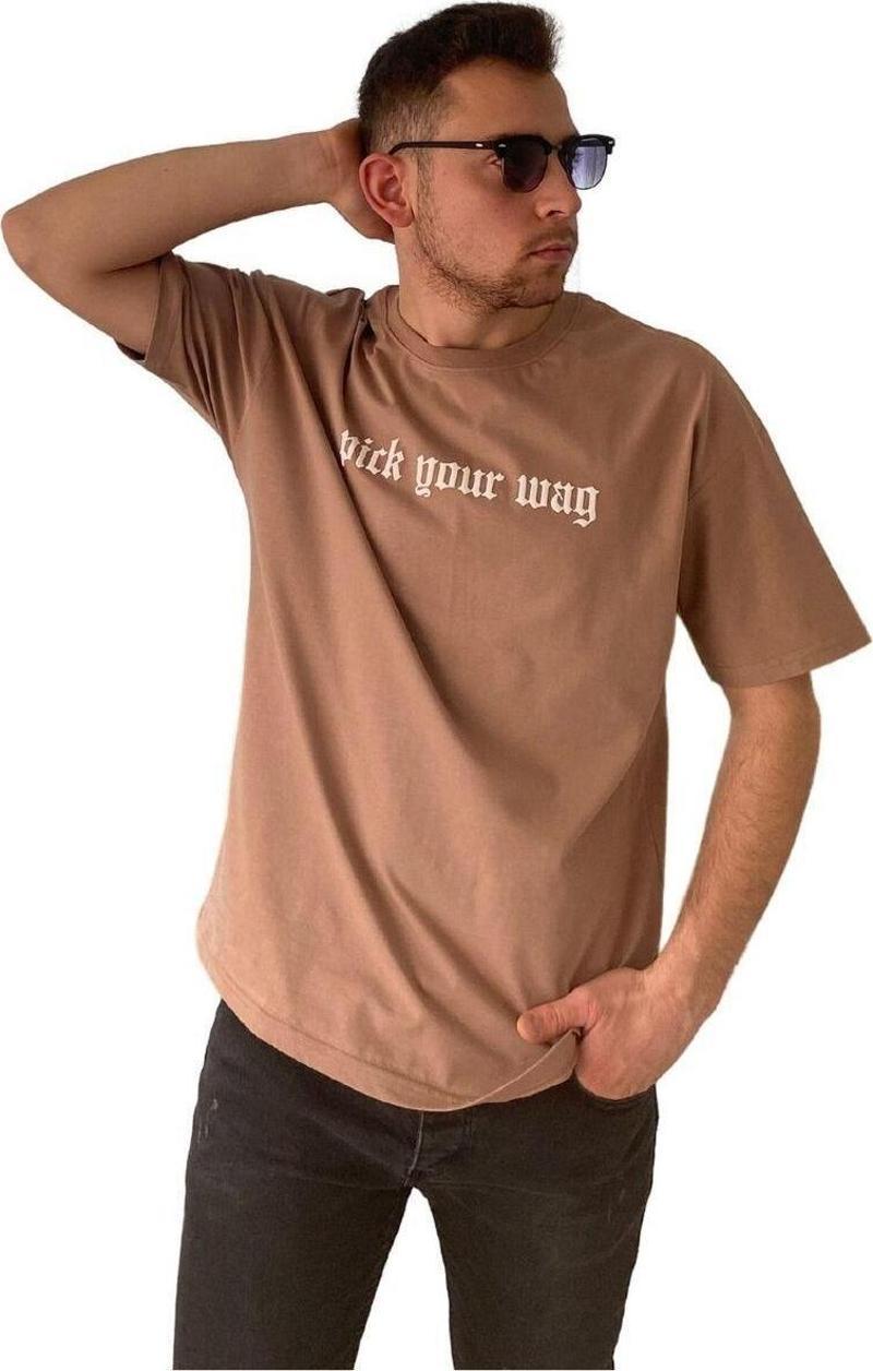 Erkek Tişört Baskılı Bisiklet Yaka Oversize Süt Kahve Comfort T-Shirt Erkek Tshirt