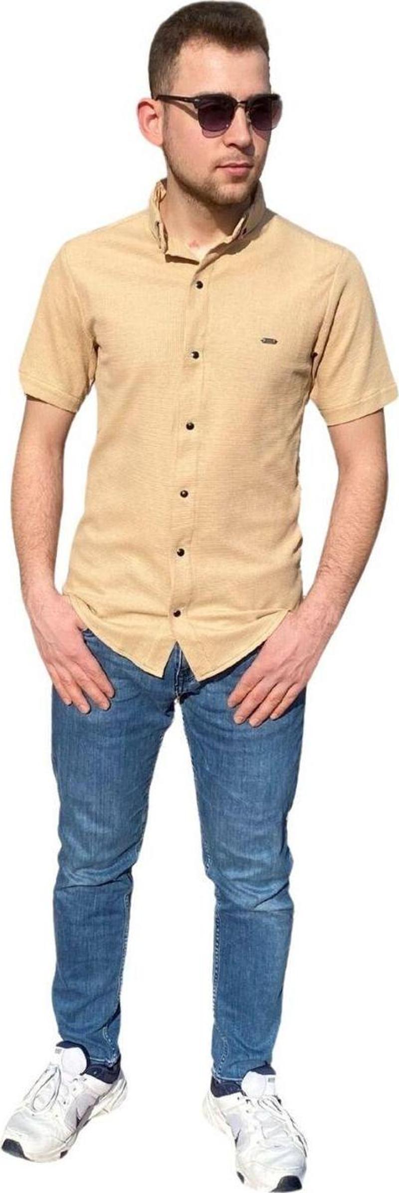 Erkek Gömlek Düğme Detaylı Premium Likralı Kısakollu Slim Fit Erkek Spor Gömlek