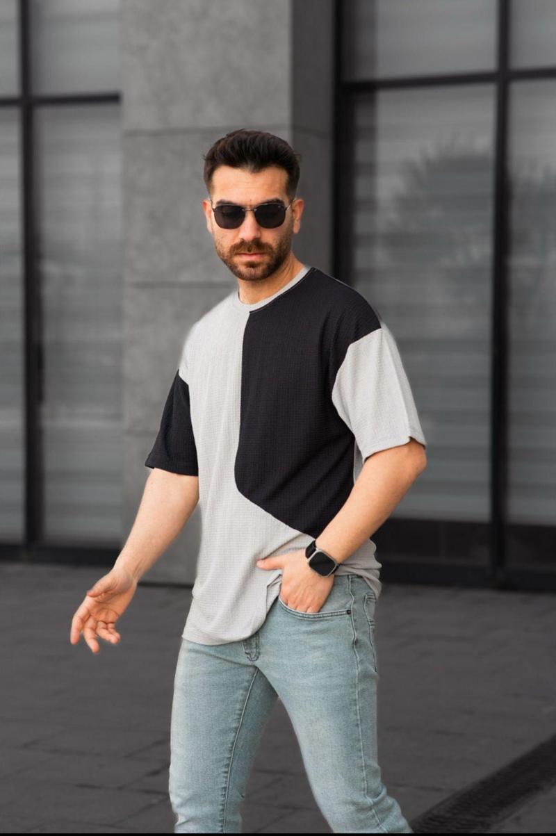 Tişört Erkek Parçalı Desen Regular Fit Bisiklet Yaka Bürümcük Tshirt Erkek T-Shirt