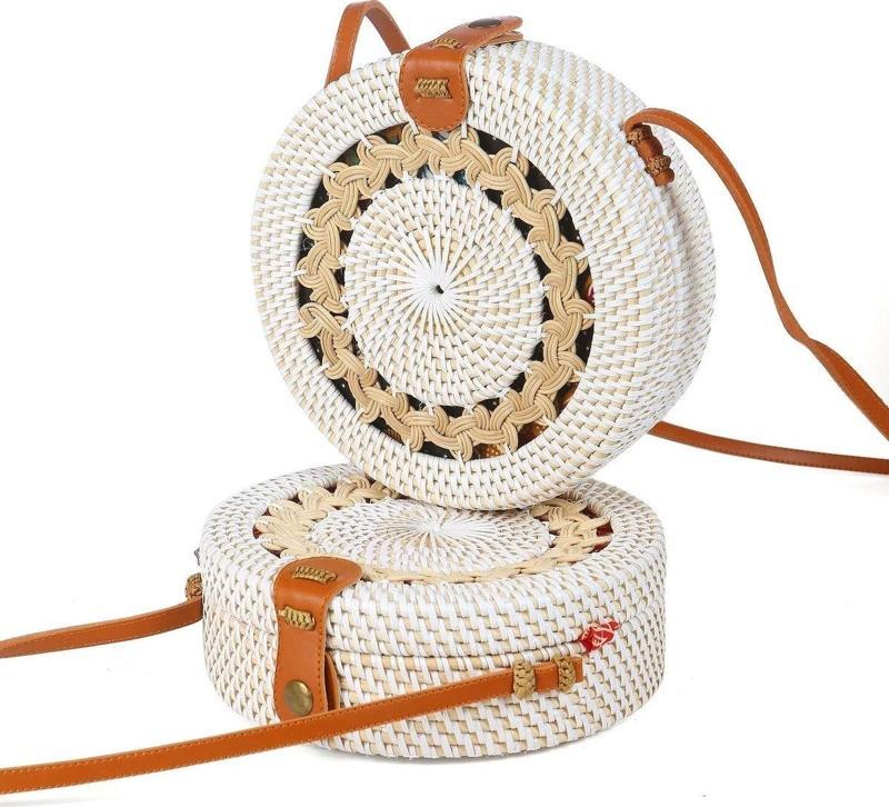Daisy- Rattan El Yapımı Deri Askılı Hasır Yuvarlak Omuz Çantası Ekru Krem