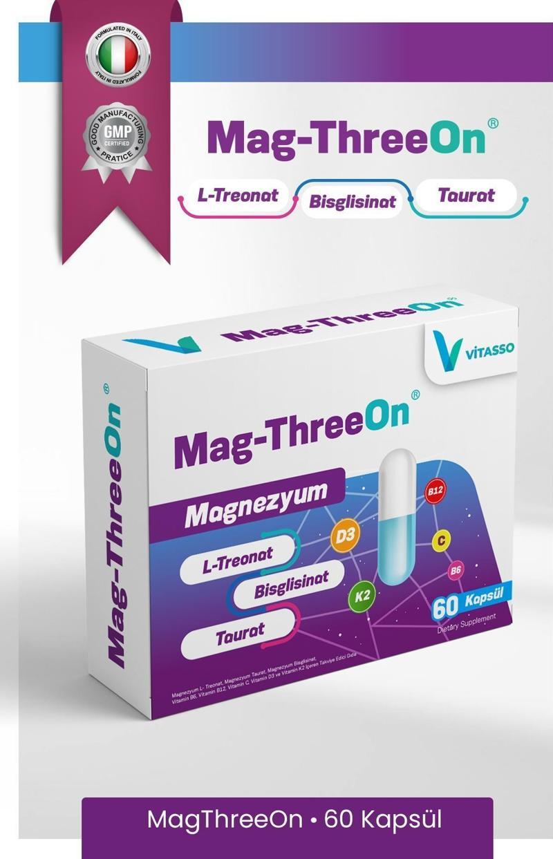 Magnezyum Magthreeon 60 Kapsül Magnezyum B6-B12-C-D3-K2 Vitamin Ve Mineral Gıda Takviyesi