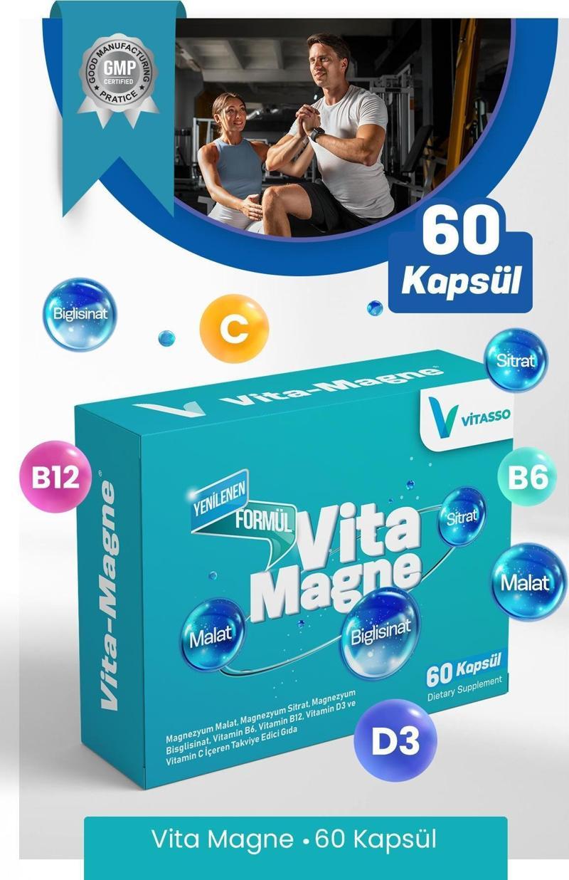 Vita-magne 60 Kapsül Magnezyum Malat- Sitrat & Bisglisinat Vitamin B6 B12 C D3 Gıda Takviyesi