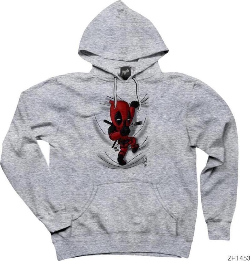 Deadpool Shhhhh Gri Kapşonlu Sweatshirt Hoodie