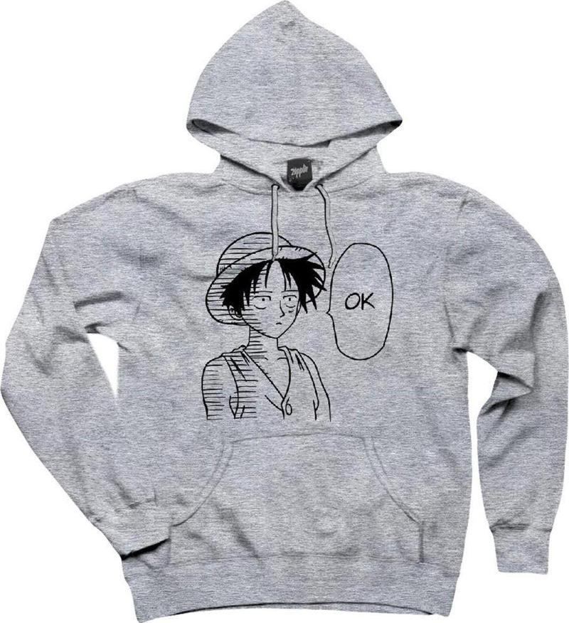 One Piece Luffy Ok Gri Kapşonlu Sweatshirt Hoodie