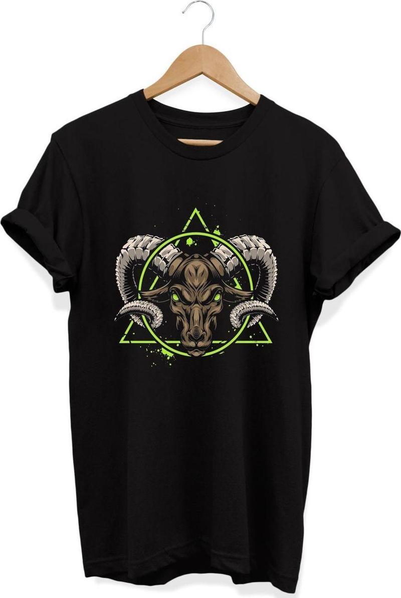 , Keçi Baskılı, %100 Pamuk, Bisiklet Yaka, Normal Beden Tişört, Basic T-Shirt