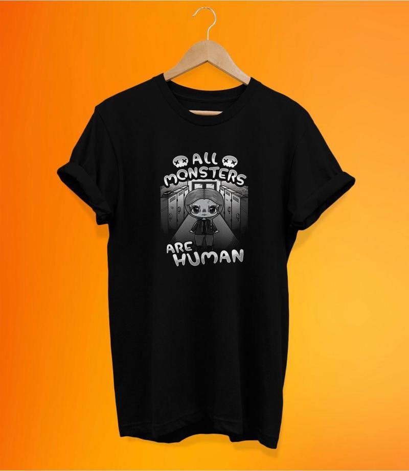 Canavarların Hepsi İnsan Baskılı Siyah, %100 Pamuk Basic (Normal Beden) T-Shirt