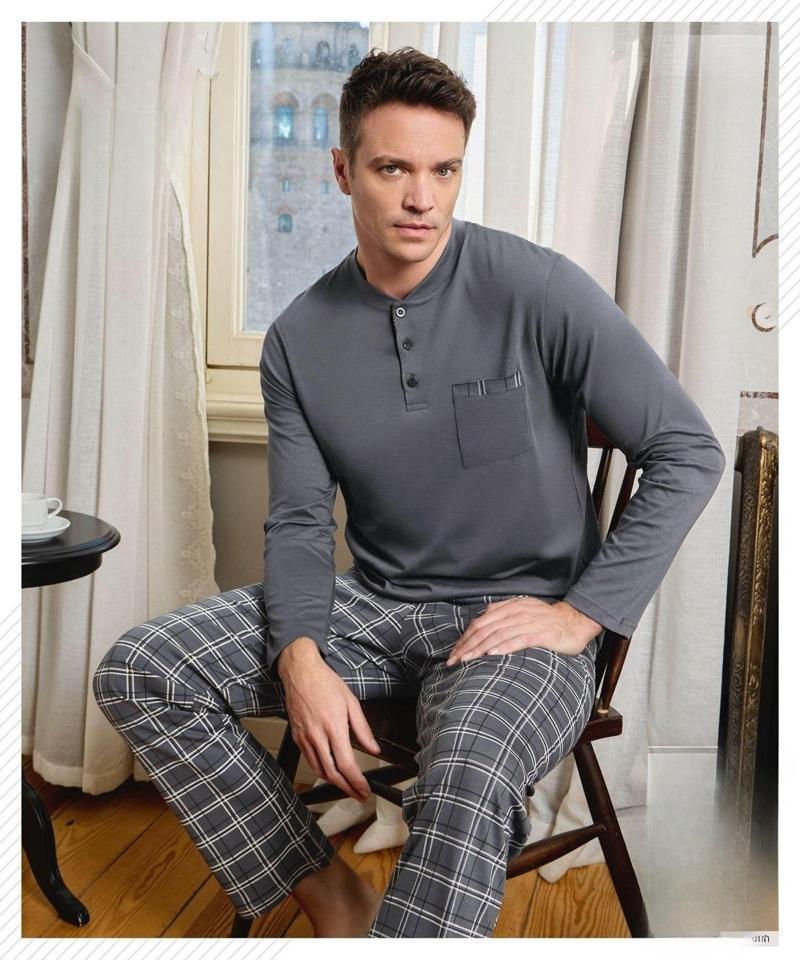 Erkek Düğme Yaka Uzun Kol Mevsimlik Pijama Takımı 6800/11 - 1 Adet