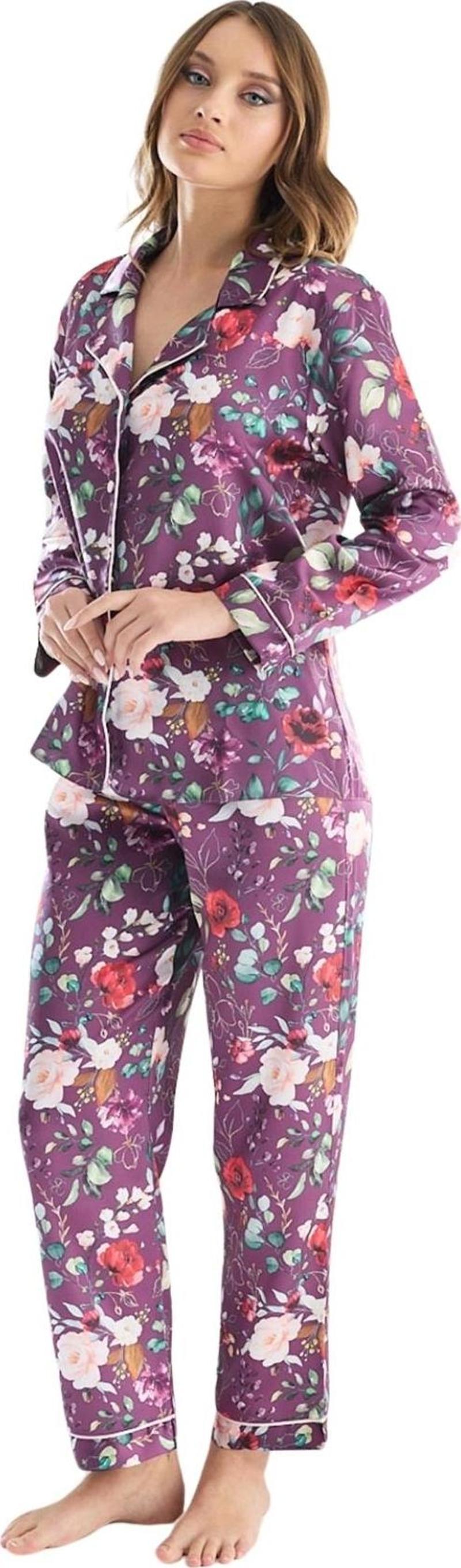 Faryanight İpek Saten Uzun Kollu Çiçek Desenli Biyeli Gömlek Pijama Takımı