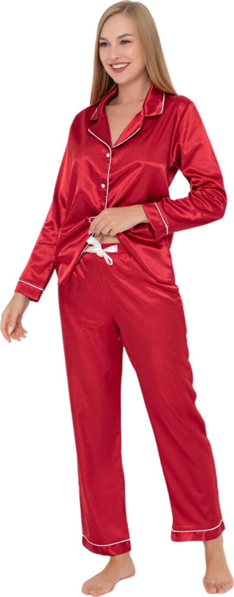 Faryanight İpek Saten Uzun Kollu Biyeli Düğmeli Gömlek Pijama Takımı