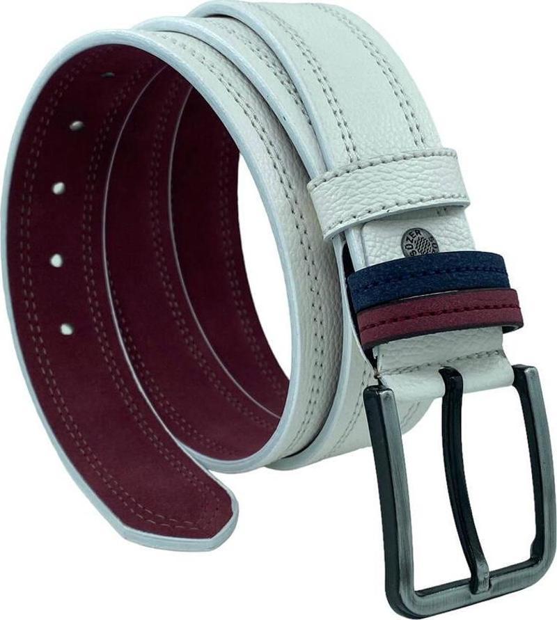 Beyaz Suni Deri Çift Dikişli Model 4 cm.lik Unisex Spor Kemer