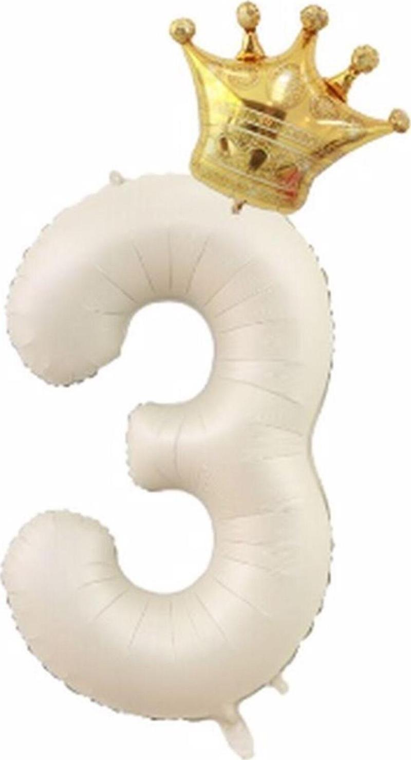 Taç Folyo Balon Set Krem Renk 3 Yaş Balon Folyo Set 76Cm Konsept Doğum Günü Set Yaş Balon Set