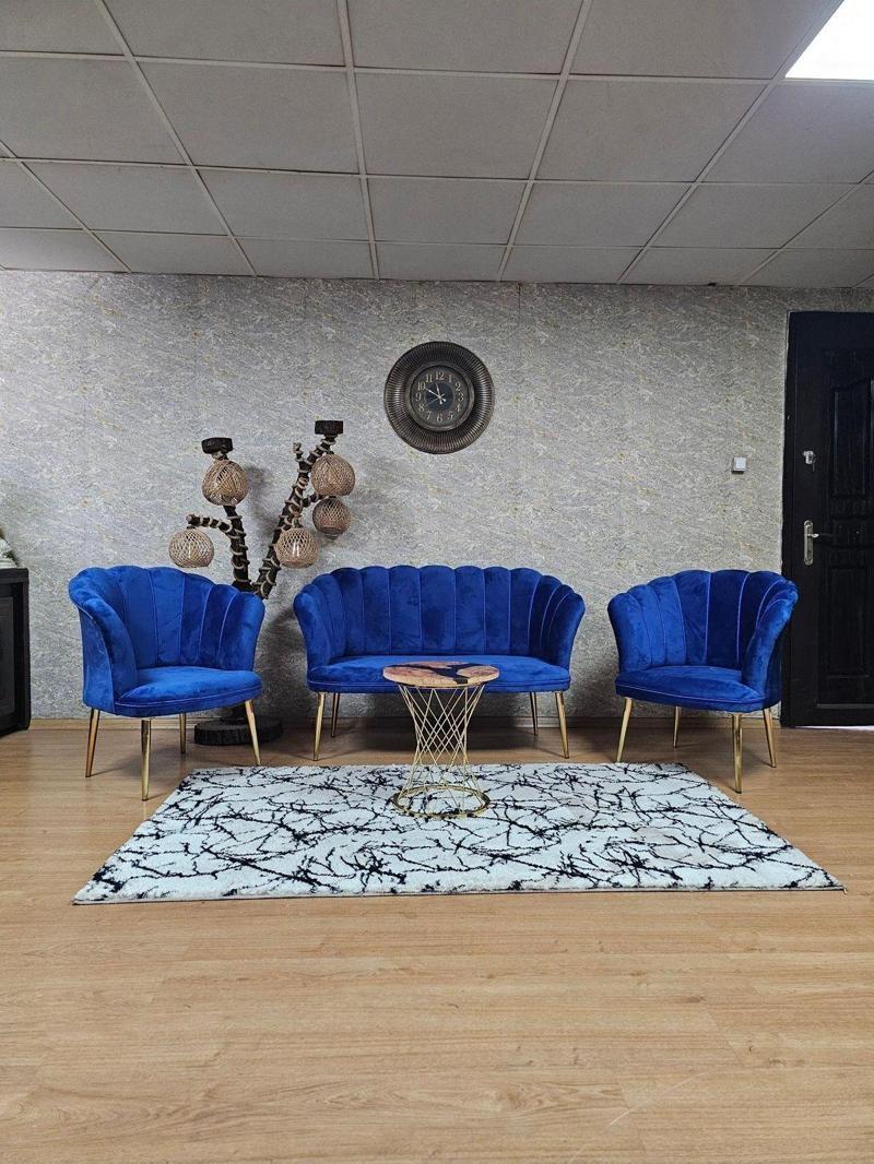 Papatya Çay Seti Koltuk Takımı Gold Sivriltme Ayak, Balkon, Salon, Ofis, Cafe Koltuk Takımı MAVİ Renk Tek Ebat Beden