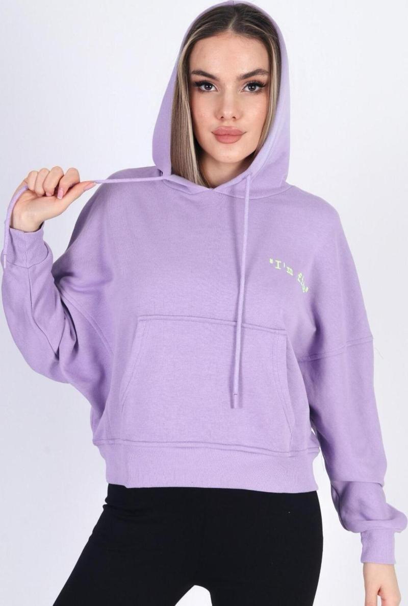 Lila Kapüşonlu Sweatshirt Oversize Nakışlı 3 İplik Şardonsuz Pamuklu Lila L