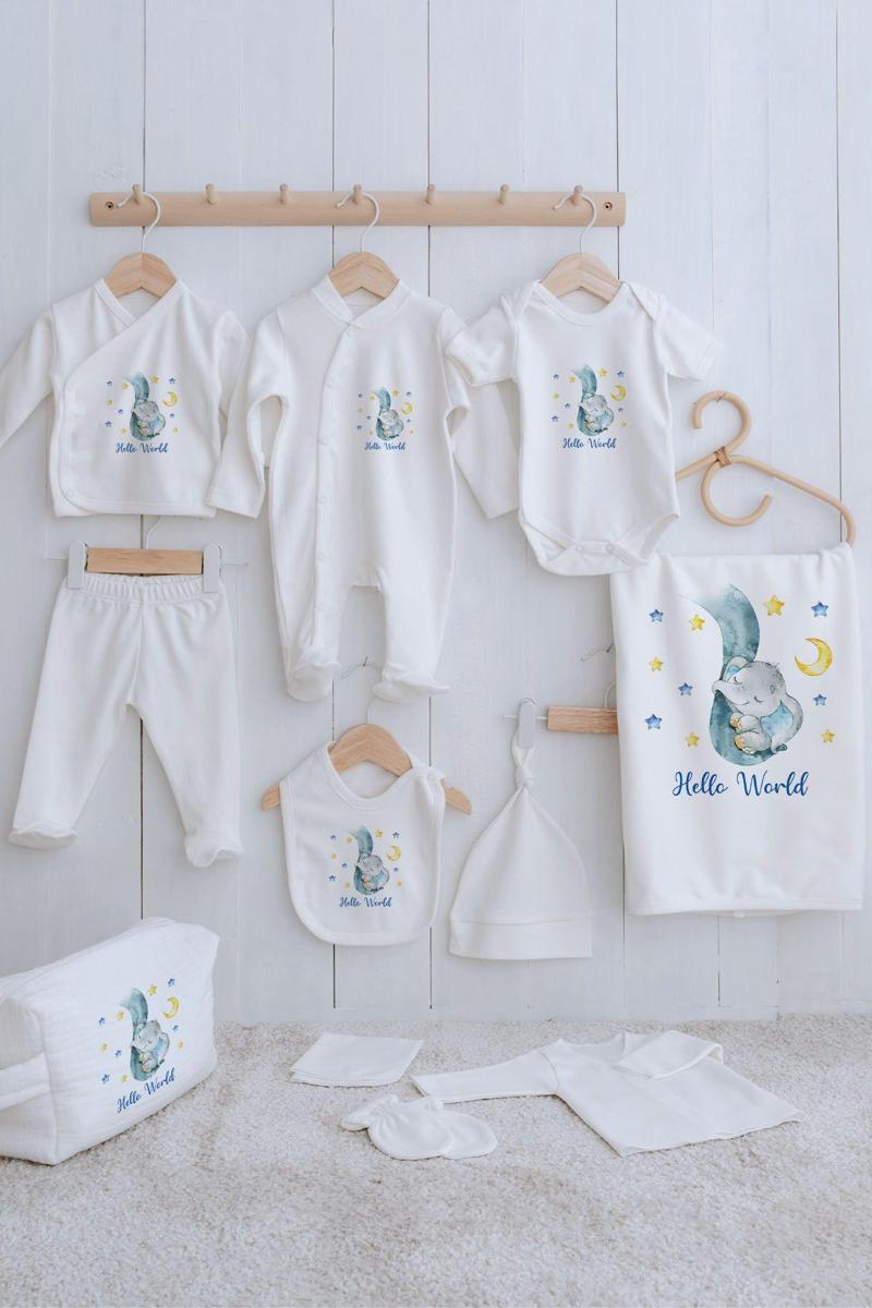Organik 11'Li Hastane Çıkışı - For Baby - Uyuyan Fil Mavi Ekru 0-3 Ay
