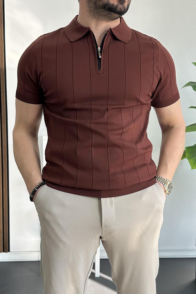 Erkek Yarım Fermuarlı Polo Yaka Tişört Kiremit Edw257