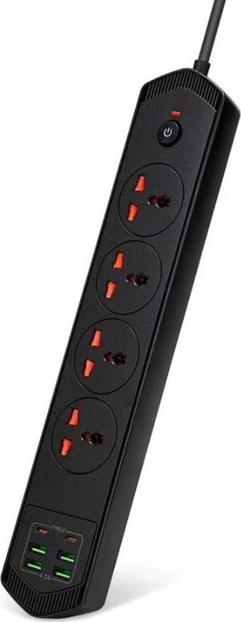 6 Usb'Li 4'Lü Çoklu Priz 2 M Kablolu Akım Korumalı Anahtarlı Uzatma Grup Priz 3000W