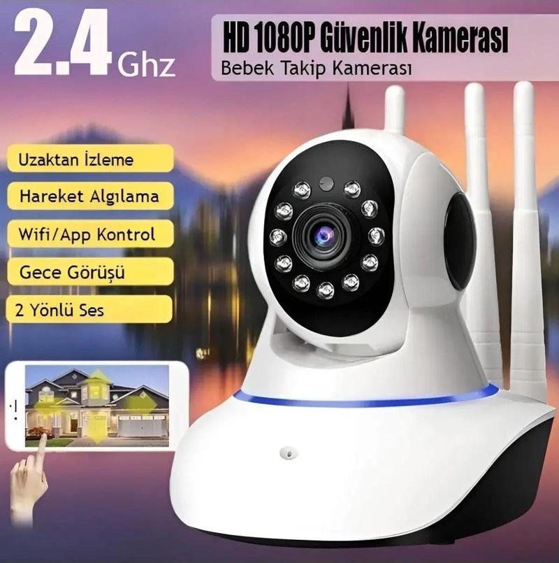 360° Wifi Ip Güvenlik Kamera 3 Antenli Gece Görüşlü Sensörlü Harekete Duyarlı Sesli 3-Antenli-Camera