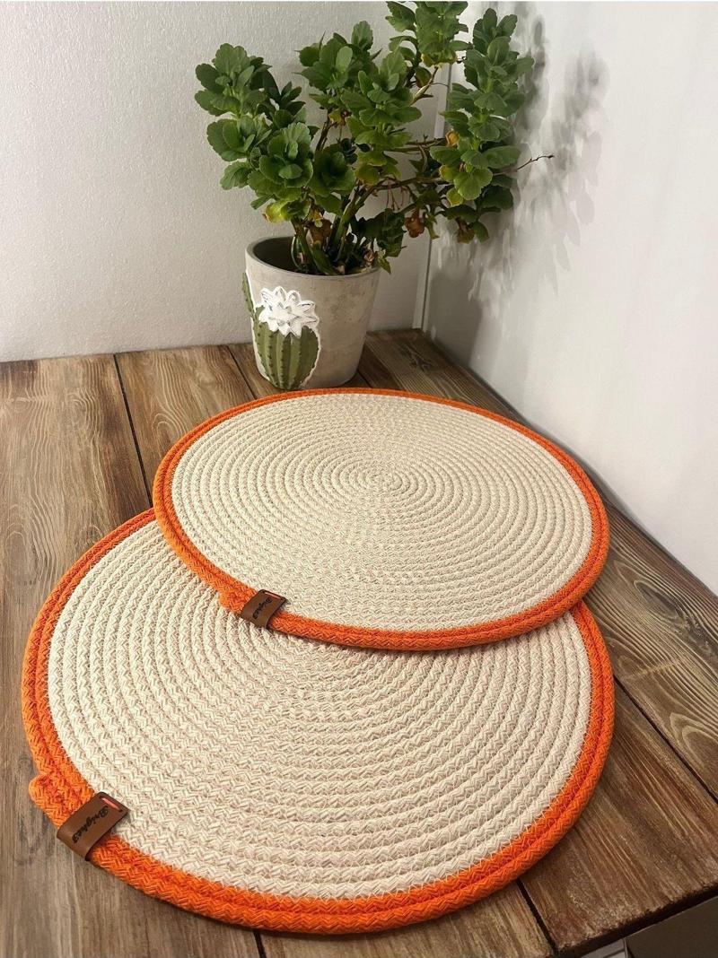 Supla,Amerikan Servis , Runner, El Yapımı, Jüt, Mutfak,  2 Adet 37 Cm Doğal Krem Turuncu Çerçeve