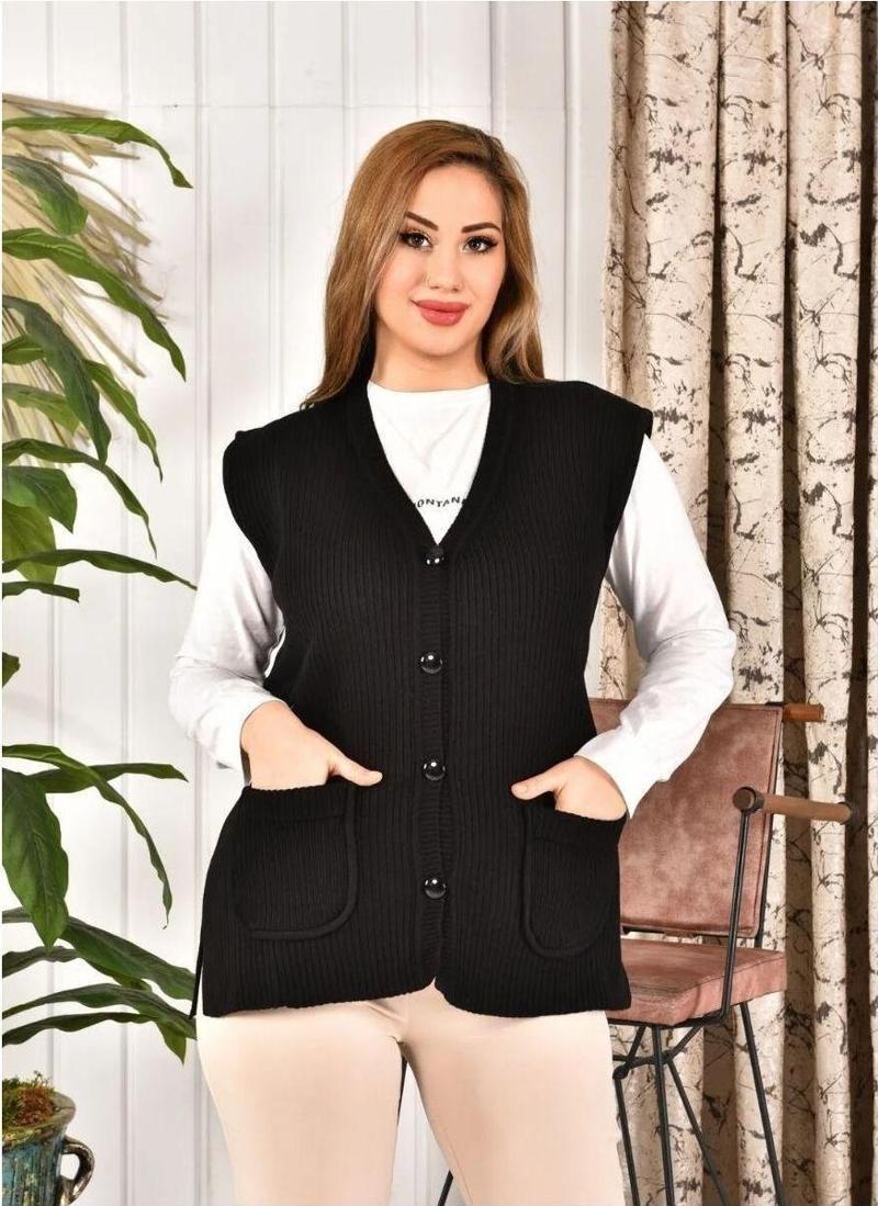 Kadın Düğmeli Siyah Renk Triko Anne Yeleği Büyük Beden Cepli Rahat Kesim Fitilli M