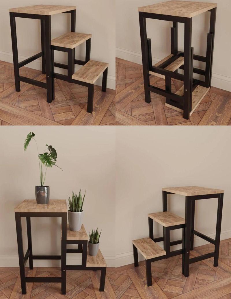 Katlanabillir Puf Bench Metal Ahşap Basamaklı Tabure Merdiven Çiçeklik Çok Amaçlı Tabure