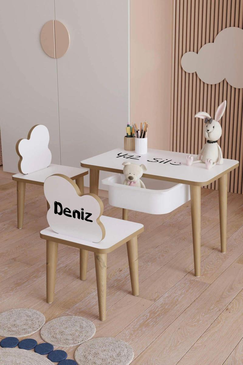 Ücretsiz Özel Isimli Masa Sandalye Çekmeceli Yaz Sil Oyun Etkinlik 1 Adet Masa 2 Adet Sandalye
