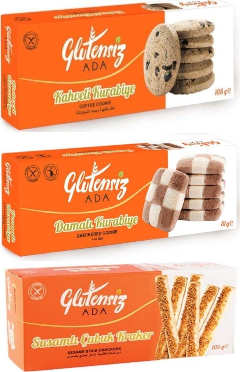 Glutensiz Atıştırmalık 3’Lü Set, Damalı-Kahveli Kurabiye, Susamlı Çubuk Kraker