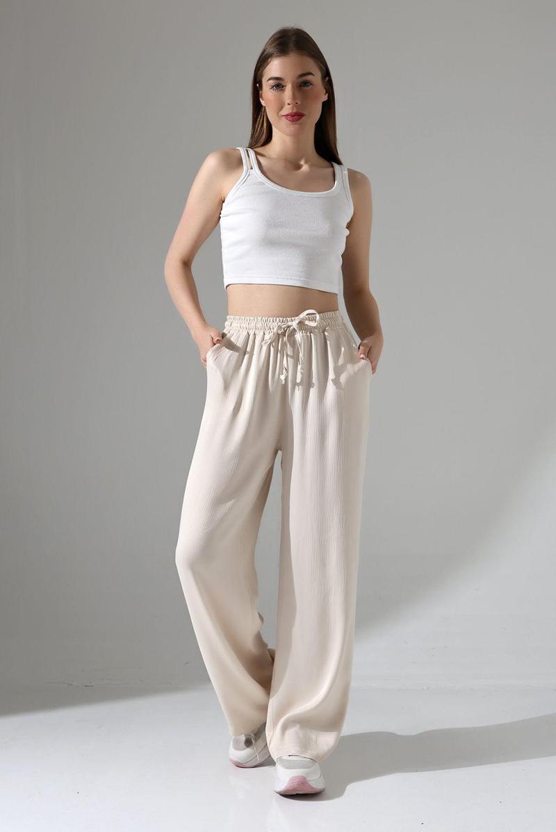 Baggy Model Saten Pantolon /Geniş Paça Dokulu Saten Pantolon