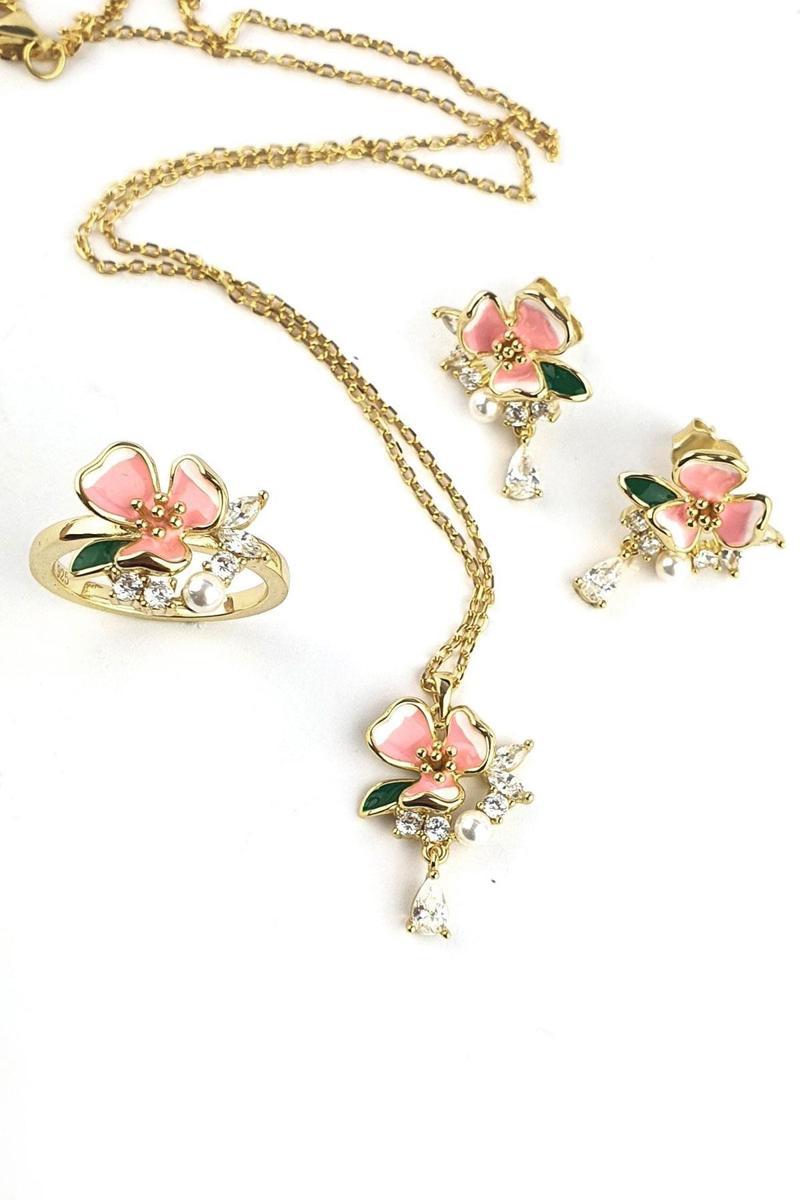 Pembe mineli Zirkon Taş Detaylı Tasarım 925ayar Gümüş Set Takım