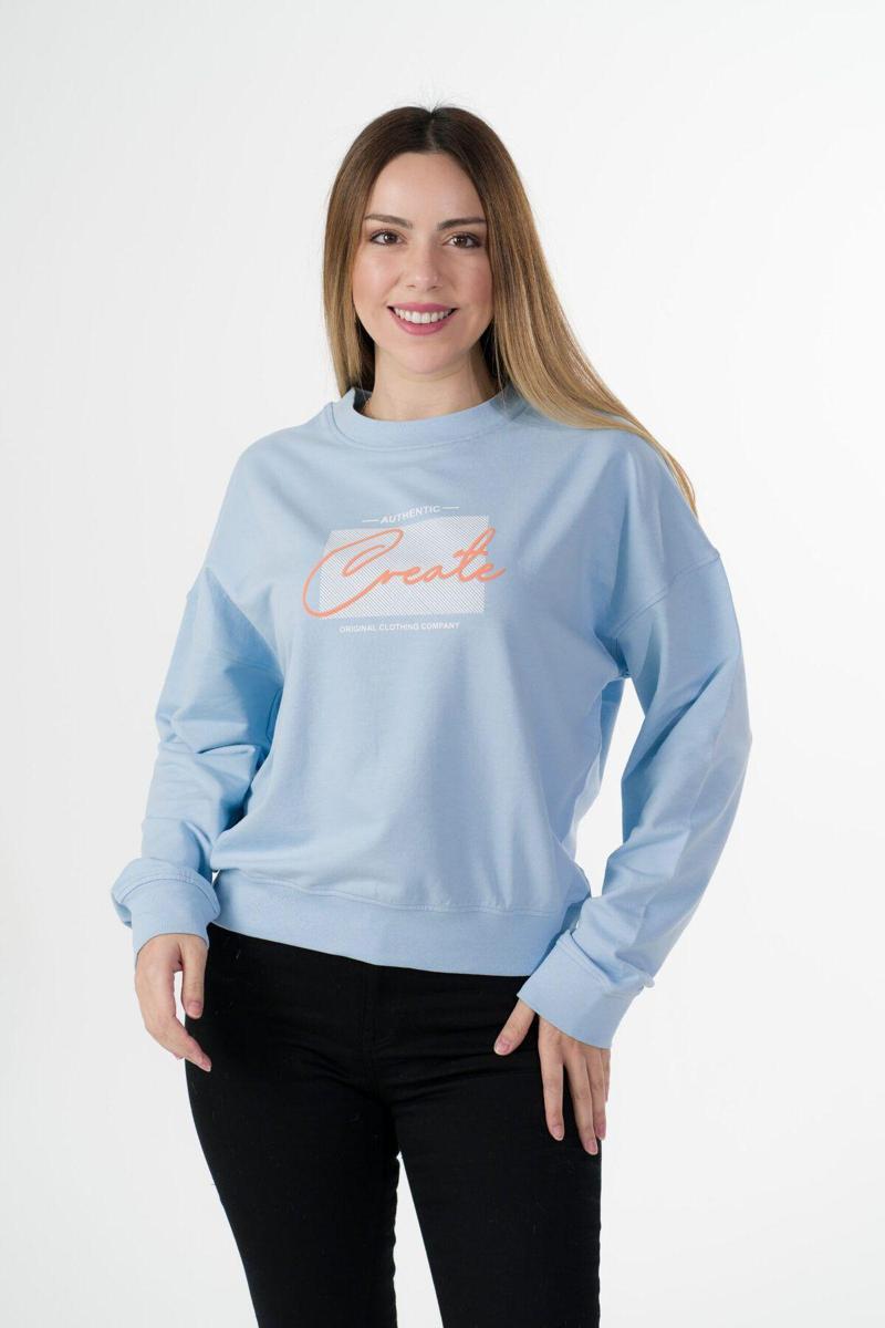 Zeplin Sıfır Yaka Sweatshirt (Baskı) Buz Mavisi
