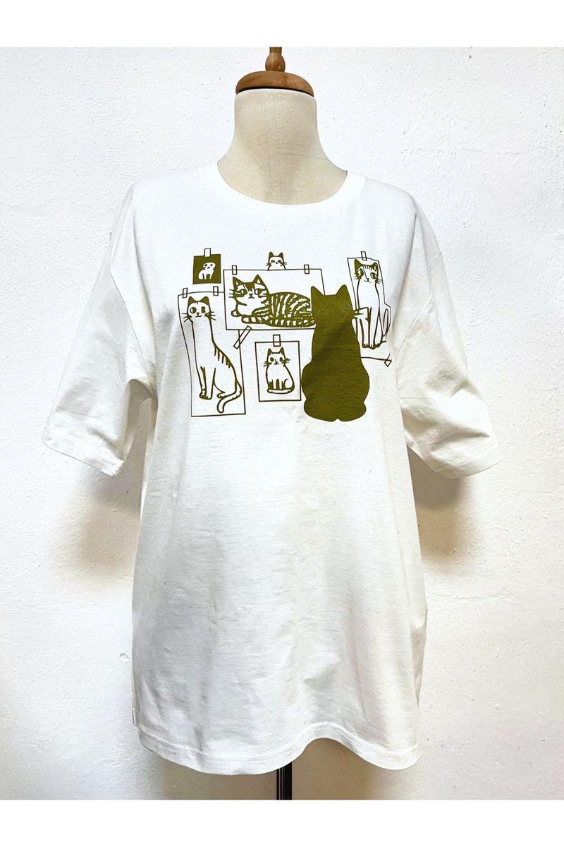 Unisex Kırık Beyaz Pamuklu Kedi Baskılı Oversize T-Shirt