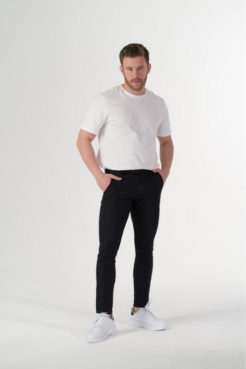 Ekose Esnek Kumaş Slim Chino Fit Erkek Pantolon Lacivert
