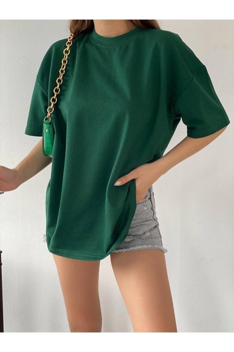 Dwn Wear Yeşil Bisiklet Yaka Pamuk Oversize Boyfriend T-Shirt